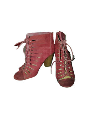 Bamboo EMBARK-25S Size 9 Burgundy Lace Up Cutout Block 4" Heel Booties Peep Toe